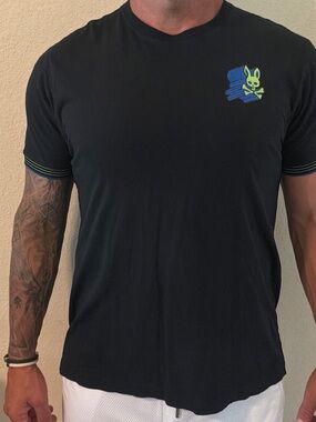 Psycho Bunny Black Tee with Neon Green & Blue Chest Logo